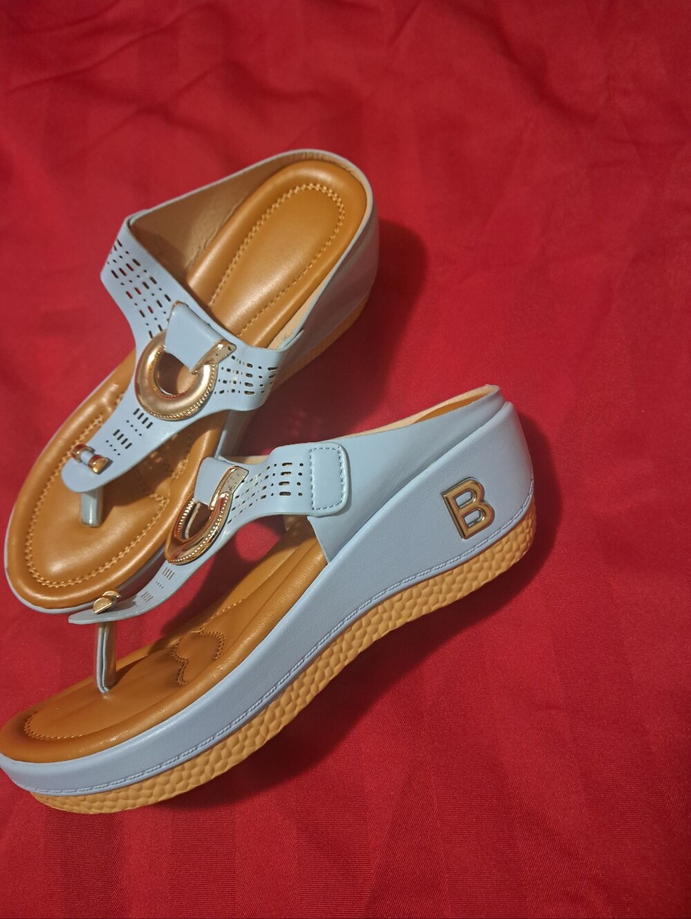 Light lue Wedge Thong Sandals with Gold Accent